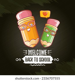 Back to school banner or poster with cartoon funky pencil and hand drawn doodle text label on black chalkboard texture backdrop. Vector back to school background with cartoon school supplies