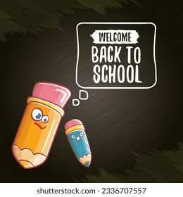 Back to school banner or poster with cartoon funky pencil and hand drawn doodle text label on black chalkboard texture backdrop. Vector back to school background with cartoon school supplies