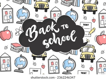 Zurück zum Schulbanner, Poster. Kartoon-Schulwallpaper. Konzept des Schulhintergrunds.