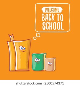 Back to school banner or poster with cartoon funky book and hand drawn doodle text label on orange backgrtound. Vector back to school background with cartoon school supplies