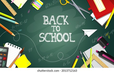 Cartel de regreso a la escuela, afiche. Cartel con material escolar. Ilustración del vector