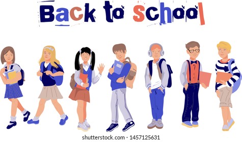 Back to school banner or poster with children, schoolboys and schoolgirls  cartoon characters flat vector illustration background. Cute kids in educational autumn back to school concept.