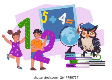 Back to school banner or  poster with children and owl, cartoon vector illustration isolated on white background. Banner or poster template for school and education themes.