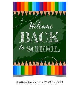 Back to school banner or poster with colour pencils on a blackboard background. Leaflet or flyer to invite pupils and teachers to celebrate the beginning of a new school year.