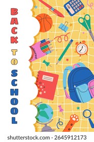 Back to school banner, poster, cover template. School stationery on fun checkered background. Hand draw school supplies. Vector illustration for print, social media, flyers, cards