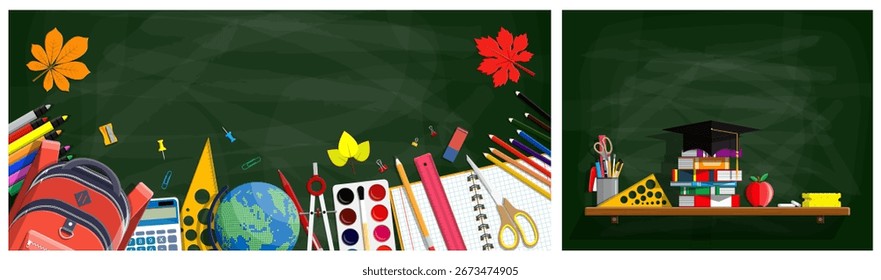 Back to school banner and poster design. Education and learning supplies on chalkboard background with space for text. Flat vector illustration for study, student.