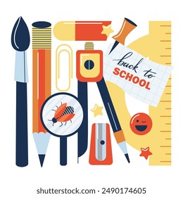 Zurück zum Banner der Schule, Poster mit verschiedenen Schulbriefpapier. Schulbedarf.