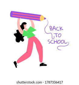 Back to school banner, poster, flat design. Girl holding a pencil and writes the text. Stock vector illustration on white background. Colorful cartoon style.