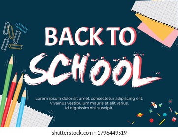 back to school banner, poster, flat design colorful, vector colorful pencil in blackboard with school items and elements. Vector illustration banner.