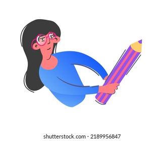 Back to school banner, poster, flat design. Teacher with glasses holding a pencil and writes the text. Stock vector illustration on white background. Time for knowledge, learning and education.