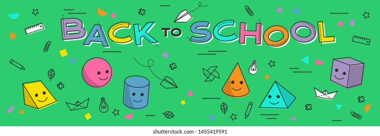 Back to school banner, poster with funny volume figures and student supplies. Education, learning concept
