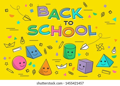 Back to school banner, poster with funny volume figures and student supplies. Education, learning concept