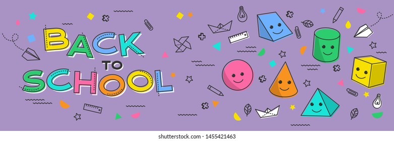 Back to school banner, poster with funny volume figures and student supplies. Education, learning concept