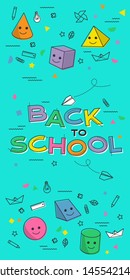 Back to school banner, poster with funny volume figures and student supplies. Education, learning concept