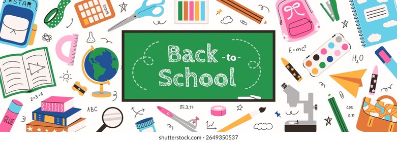 Back to School banner, poster, greeting card with blackboard, chalk handwritten text and student Supplies. Checkered background of paper notebook sheet. Education concept in flat style