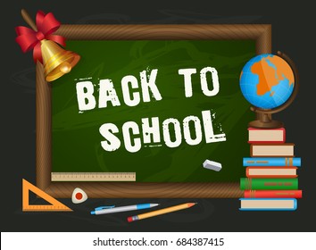 Back to school banner, poster, greeting card design with blackboard, chalk written text and student items, cartoon vector illustration. Back to school poster, banner with blackboard and student items