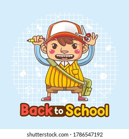 back to school banner or poster with little boy bring bag, pencil and scissor with flat cute style vector illustration. used for website banner, poster and other