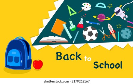 Back to school banner poster, opening blue student bag and apple on peeling yellow wallpaper that show colorful back to school items and elements supplies cartoon on blackboard, vector illustration.