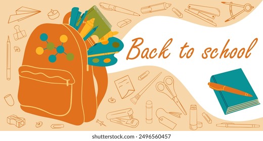 Back to school, school banner, poster. Orange backpack with school supplies with various stationery icons, vector illustration.