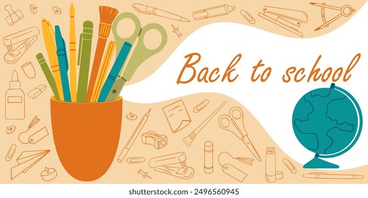 Back to school, school banner, poster. Orange glass with school supplies with various stationery icons, vector illustration.