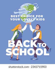 back to school banner, poster. A schoolboy and a schoolgirl are holding a big globe on a blue background with text. Vector flat illustratio