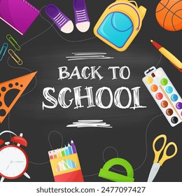 Back to school banner, poster, social media post design. School supplies illustration.