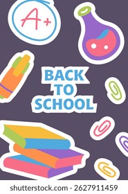 Back to school banner. School poster with stationery on dark background. Colorful template for banners, posters, flyers, covers, invitations, brochures. Template for advertising, web, social media
