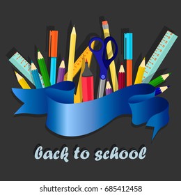 Back to school banner, poster. Stationery on the black background. Cartoon vector illustration.