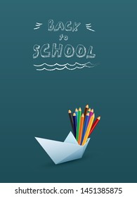 Back to school banner or poster vector template with paper boat with color pencil. Sale and shopping promotion and advertising. Eps10 illustration.