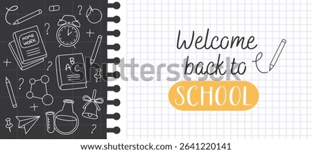 Back to school banner, poster. White notebook sheet, white doodles, outline illustrations of school supplies on a black board. Book, chemical flask, lock, bell, pencil, molecule. First day of school.