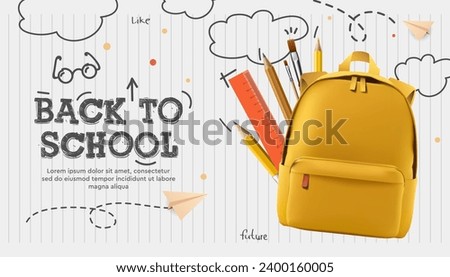 Back to school banner, poster. Yellow backpack, stationery, paper airplanes, doodle drawing on lined sheet of paper, vector illustration