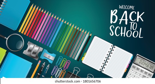 Back to school banner. Realistic 3d stationery supplies for students and teachers. Educational design concept background. Vector illustration.