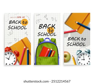 Anuncio de regreso a la escuela con mochila y accesorios realistas