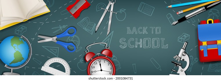 Back to school banner with realistic school supplies on chalkboard background