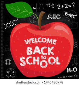 Back to school banner. Red apple on the black school board with inscriptions. Vector illustration.