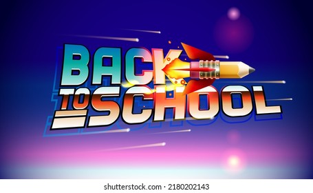 Back to school banner. Retrowave design in 1980s style with flying rocket in starry space, vector illustration