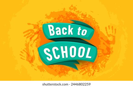 Back to school banner with ribbon vector background. Education concept with green ribbon on paint texture with palm hand prints. Welcome back to study illustration.