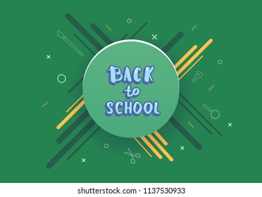Back to school banner with round badge. Template for promotion card. Education cover with creative decoration. Vector illustration. 