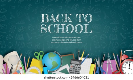 back to school banner with schhol supplies and chalk doodles