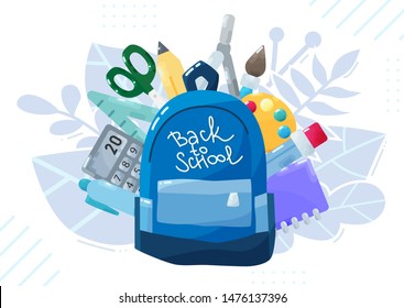 Back to school banner. Schoolbag poster landing page, with colorful school items pen, notebook, calculator, pencil, scissor. Education website concept template. Web Design flat. Vector illustration