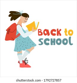 Back to School banner. Schoolgirl with book and college bag vector illustration in flat style design and hand lettering