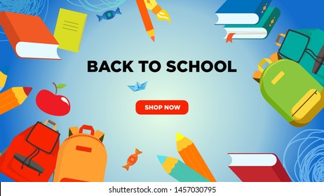 Back to school banner or screen with backpacks, leaves, pencils, books, notebooks, apple, brush. Promotional for stationery and backpacks for school. On blue background. Vector illustration EPS10