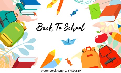 Back to school banner or screen with backpacks, leaves, pencils, books, notebooks, apple, brush. Sale promotional stock for stationery and backpacks for school. Vector illustration of EPS10