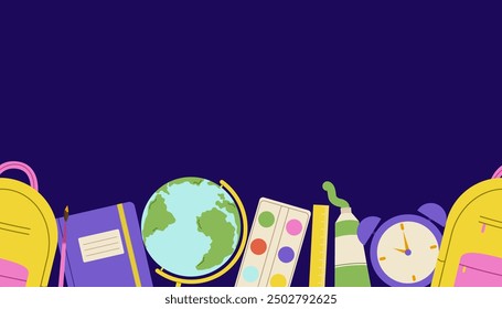 Back to school banner with seamless border and empty space for text. Template for poster with school supplies. Vector flat illustration