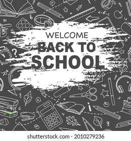Back to school banner with a seamless pattern on the background. School supplies and stationery. A place for your text. A white outline on a black background. Doodle style. Template.