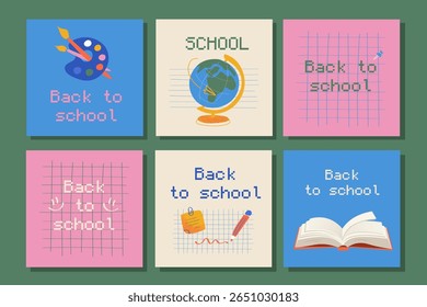 Back to school banner set with books, globe, palette and pencil. Hand-drawn style illustrations for cards, flyers and promotional materials on college, school themes. Pixel art style