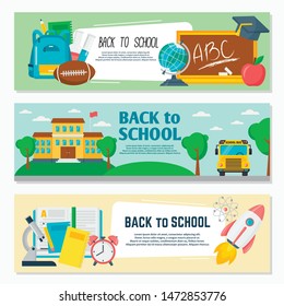 Back to school banner set, classroom decor. Creative education poster. Vector flat style cartoon illustration isolated on white background