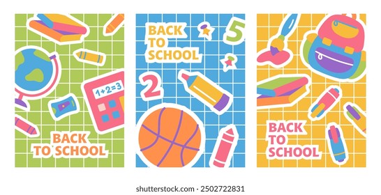 Back to School Banner Set. Collection of School Posters with Supplies on Notebook Sheet. Colorful Design for poster , wallpaper, website and cover template. Flat Style Vector Illustration