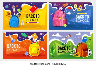 Back to school banner set. Colorful back to school templates for invitation, poster, banner, promotion,sale etc. School supplies cartoon illustration. Vector back to school design templates.