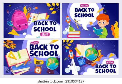 Back to school banner set. Colorful back to school templates for invitation, poster, banner, promotion, sale, and web ad. School supplies cartoon illustration. Vector back to school design templates.